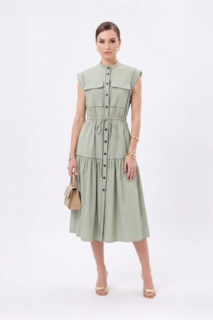Leonor Contrast-Piping Button-Front Vestido 723160MUS - Reina Diaz