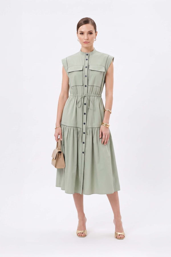 Leonor Contrast-Piping Button-Front Vestido 723160MUS - Reina Diaz