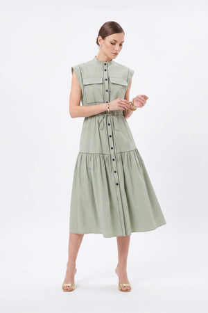 Leonor Contrast-Piping Button-Front Vestido 723160MUS - Reina Diaz
