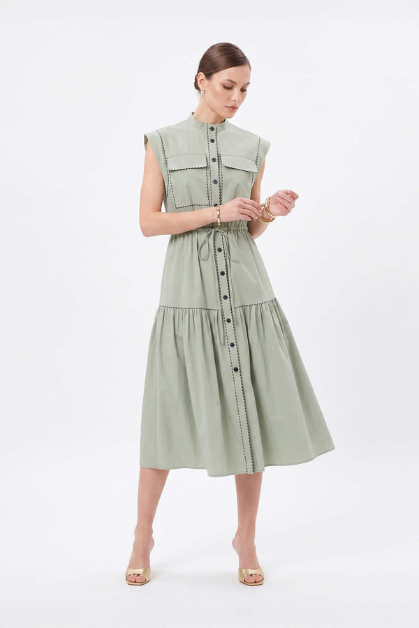 Leonor Contrast-Piping Button-Front Vestido 723160MUS - Reina Diaz