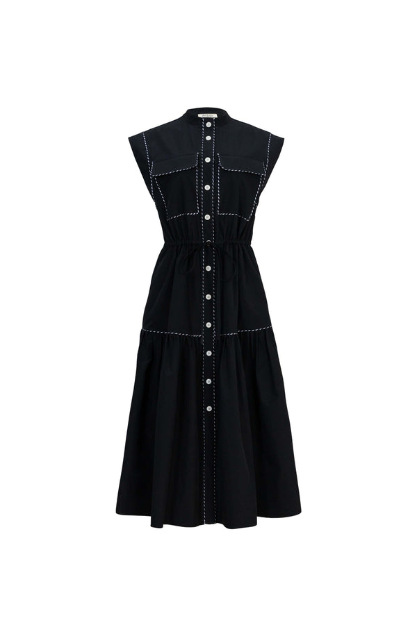 Leonor Contrast-Piping Button-Front Vestido 723160NEG - Reina Diaz