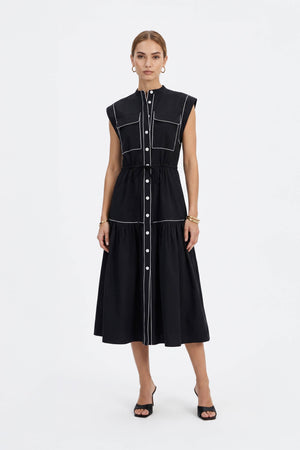 Leonor Contrast-Piping Button-Front Vestido 723160NEG - Reina Diaz