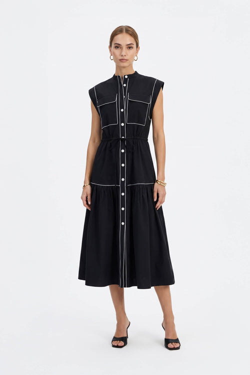 Leonor Contrast-Piping Button-Front Vestido 723160NEG - Reina Diaz