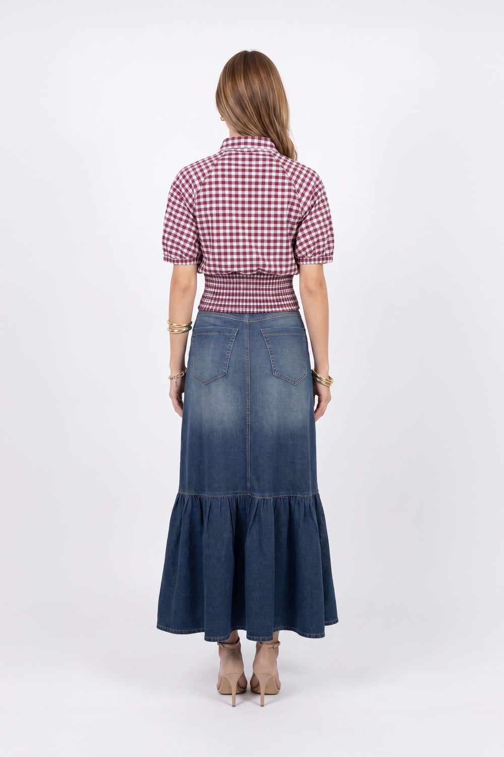 Lucía Gingham Tie-Front Smocked Blusa 753010 BUR - Reina Diaz
