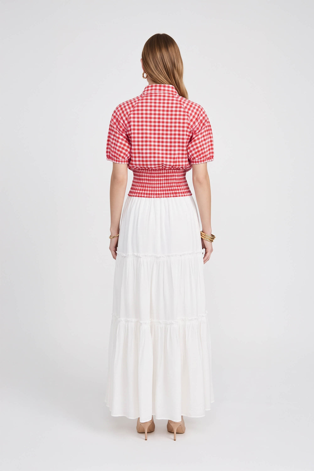 Lucía Gingham Tie-Front Smocked Blusa 753010 ROJ - Reina Diaz