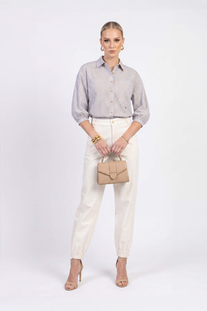 Lucia Puff-Sleeve Button-Down Camisa 752977PER - Reina Diaz