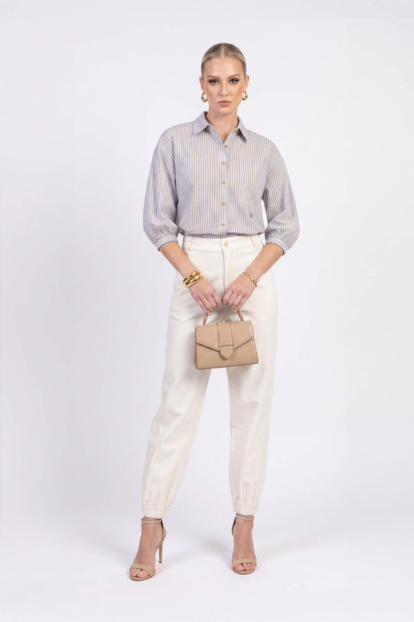 Lucia Puff-Sleeve Button-Down Camisa 752977PER - Reina Diaz