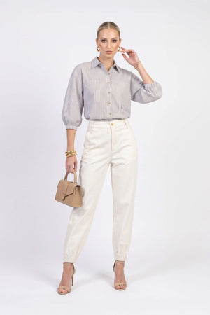 Lucia Puff-Sleeve Button-Down Camisa 752977PER - Reina Diaz