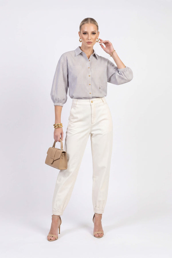 Lucia Puff-Sleeve Button-Down Camisa 752977PER - Reina Diaz