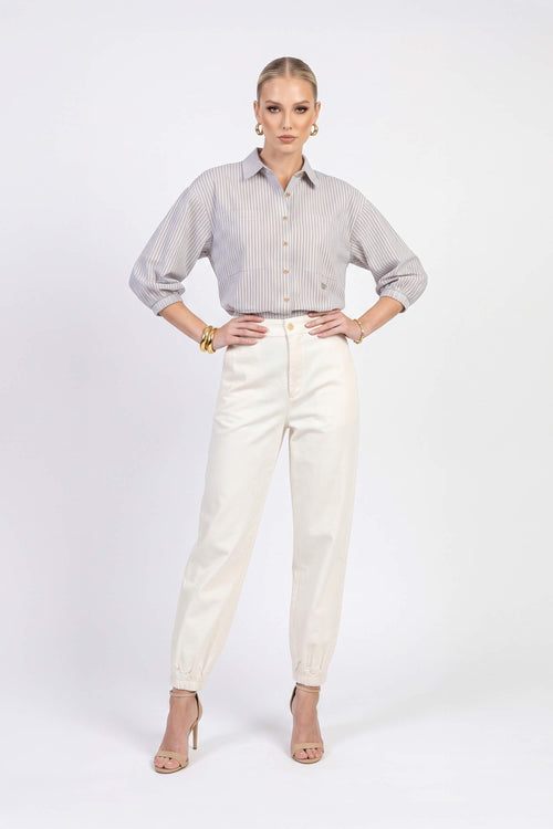 Lucia Puff-Sleeve Button-Down Camisa 752977PER - Reina Diaz