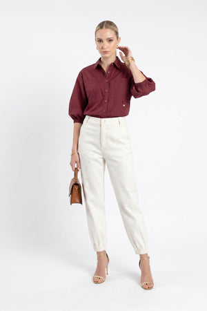 Lucia Puff-Sleeve Button-Down Camisa 752977VIN - Reina Diaz