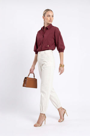 Lucia Puff-Sleeve Button-Down Camisa 752977VIN - Reina Diaz