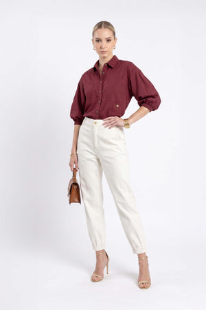 Lucia Puff-Sleeve Button-Down Camisa 752977VIN - Reina Diaz
