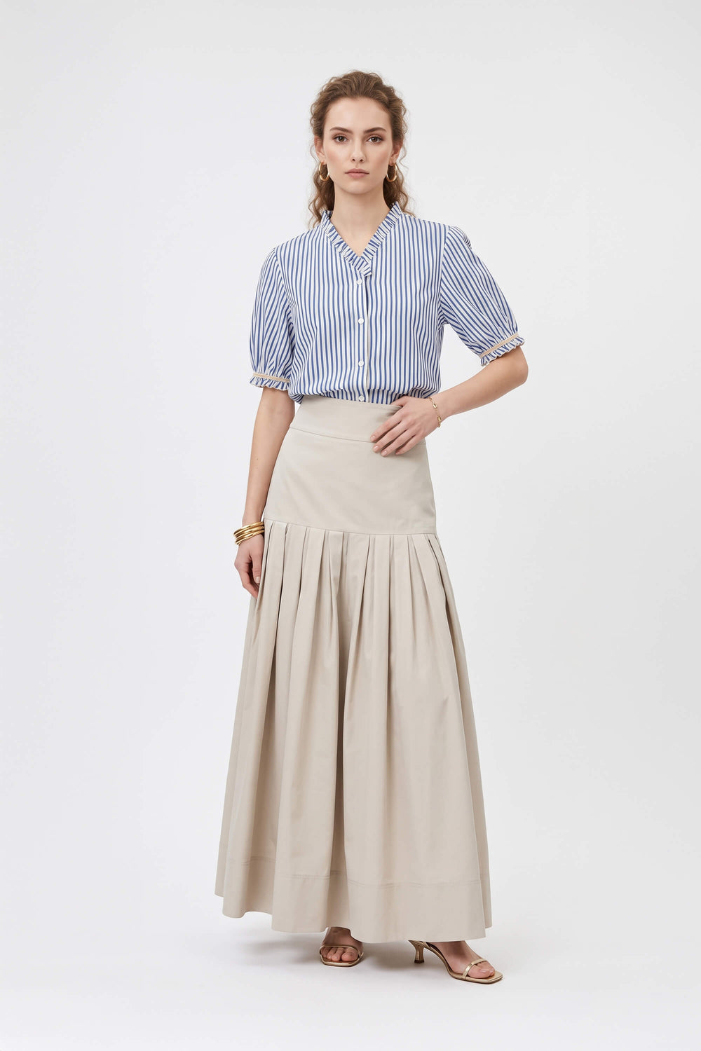 Lucía Striped Ruffle Puff Sleeve Blusa 752783 DEN - Reina Diaz