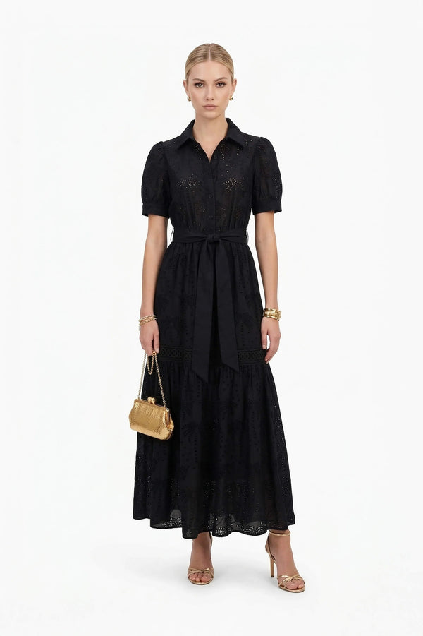 Luciana Eyelet Midi Vestido - Reina Diaz