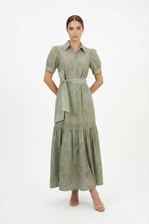 Luciana Eyelet Midi Vestido - Reina Diaz