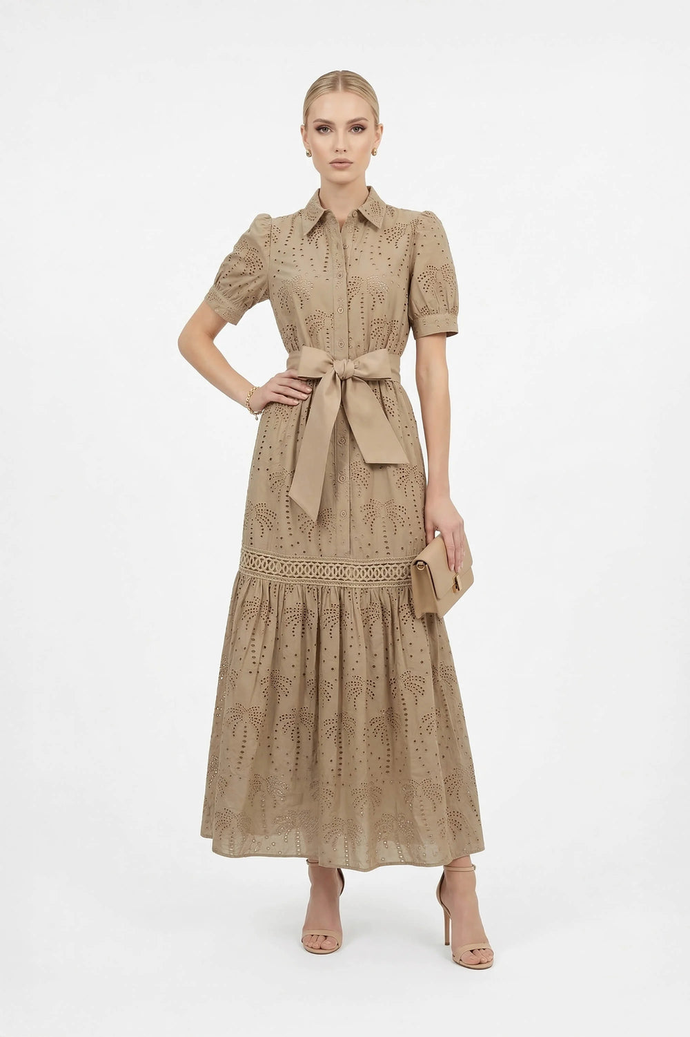 Luciana Eyelet Midi Vestido - Reina Diaz