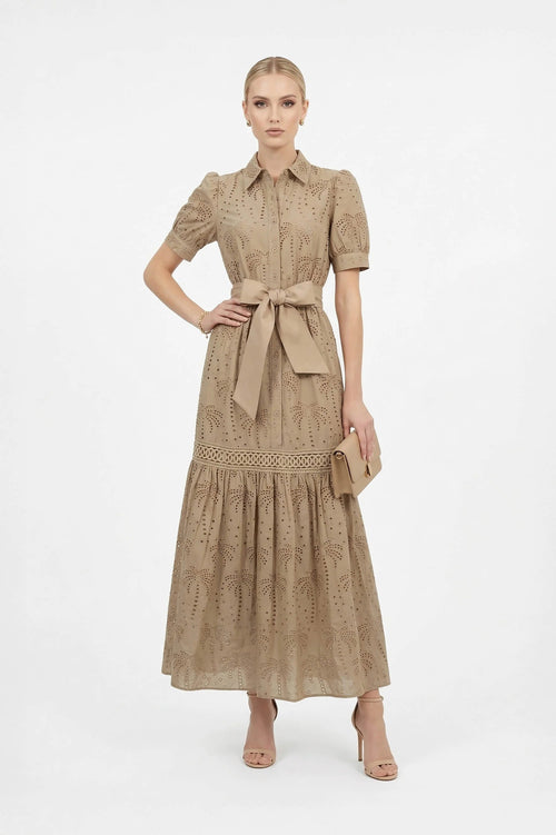 Luciana Eyelet Midi Vestido - Reina Diaz