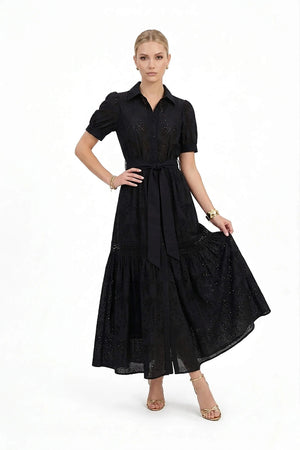 Luciana Eyelet Midi Vestido - Reina Diaz