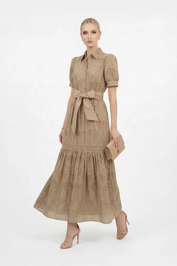 Luciana Eyelet Midi Vestido - Reina Diaz