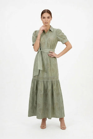 Luciana Eyelet Midi Vestido - Reina Diaz