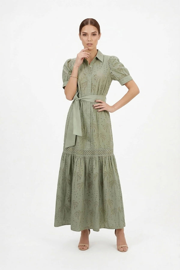 Luciana Eyelet Midi Vestido - Reina Diaz