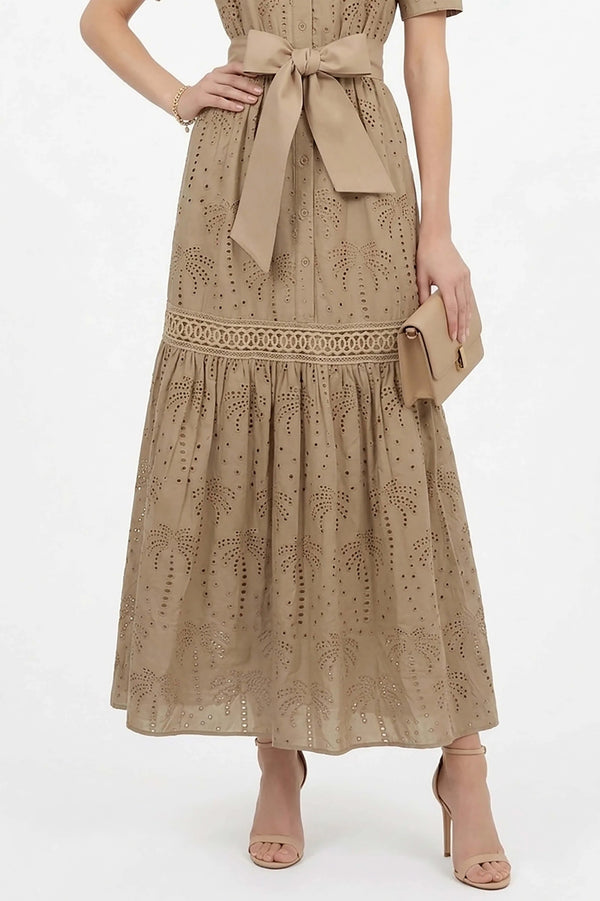 Luciana Eyelet Midi Vestido - Reina Diaz