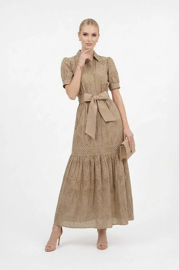 Luciana Eyelet Midi Vestido - Reina Diaz