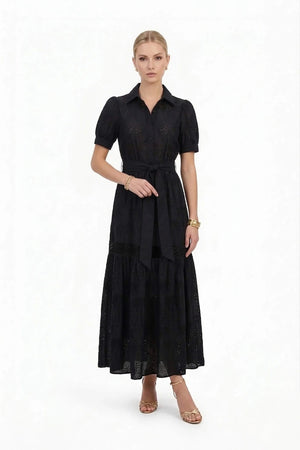 Luciana Eyelet Midi Vestido - Reina Diaz