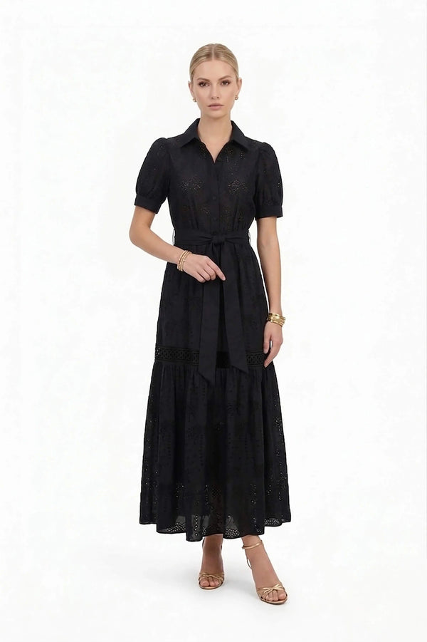 Luciana Eyelet Midi Vestido - Reina Diaz