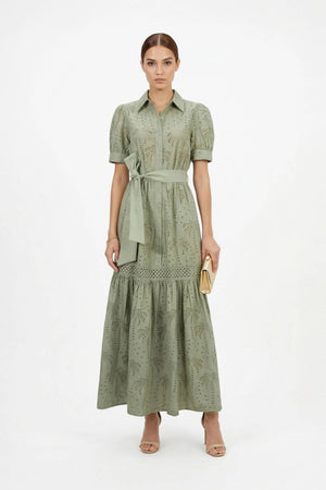 Luciana Eyelet Midi Vestido - Reina Diaz