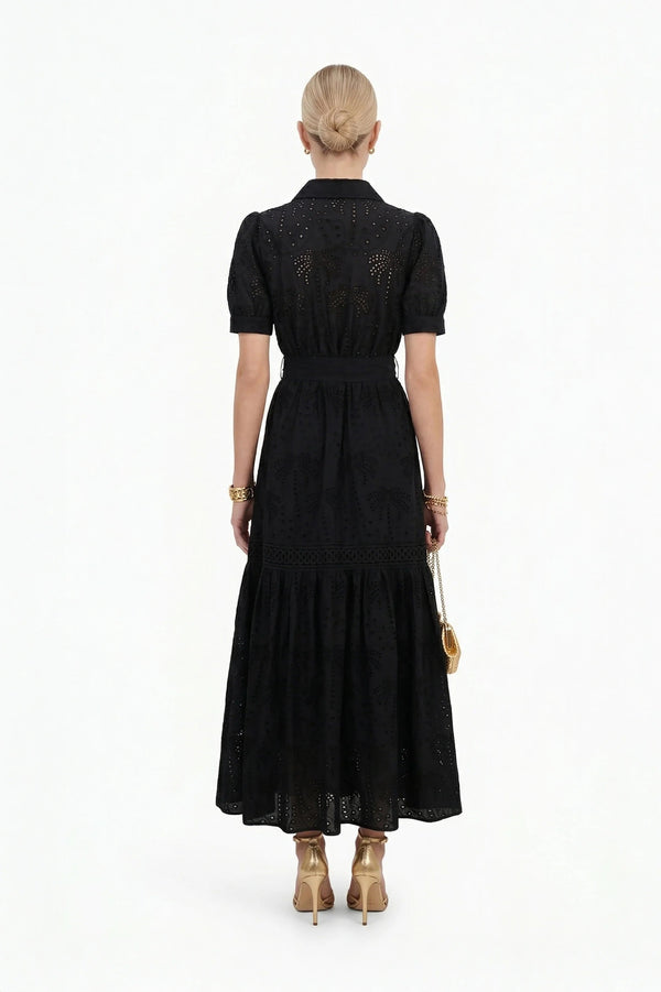 Luciana Eyelet Midi Vestido - Reina Diaz