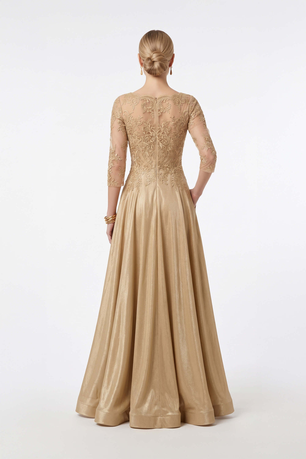 Luciana Lace Embroidered A-Line Long Vestido 421479 ORO - Reina Diaz