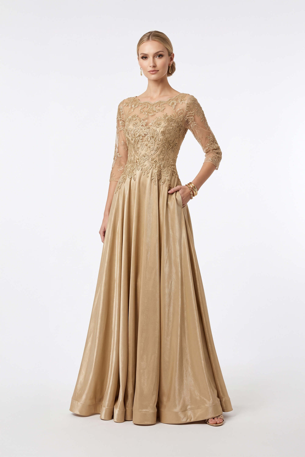 Luciana Lace Embroidered A-Line Long Vestido 421479 ORO - Reina Diaz
