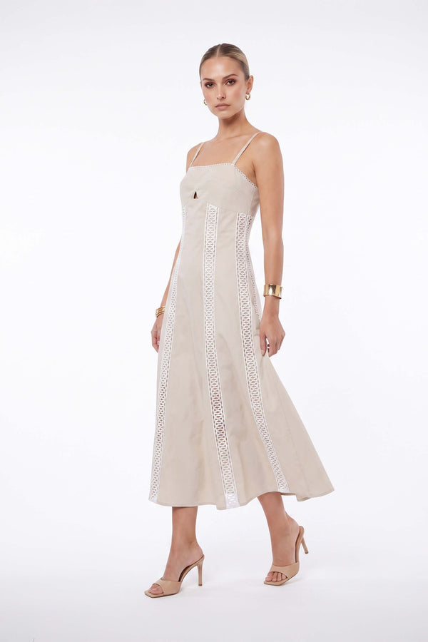 Martina Cutout Lace-Trim Midi Vestido 526233BEI - Reina Diaz