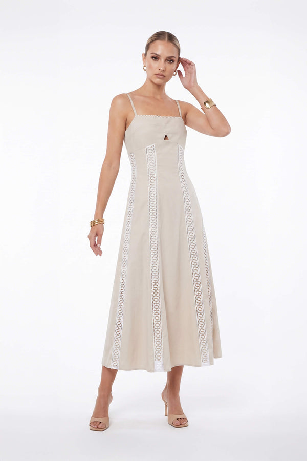Martina Cutout Lace-Trim Midi Vestido 526233BEI - Reina Diaz
