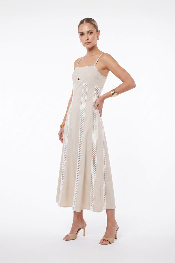 Martina Cutout Lace-Trim Midi Vestido 526233BEI - Reina Diaz
