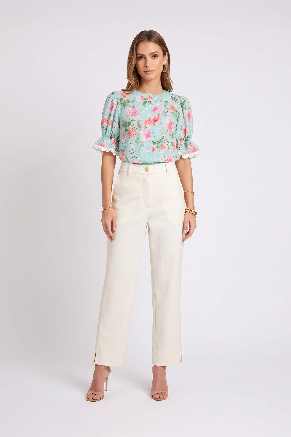 Mia Gold-Button Cropped Straight Pantalón 731177 HUE - Reina Diaz