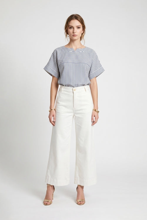 Mia Striped Short Sleeve Blusa 752970 AZU - Reina Diaz