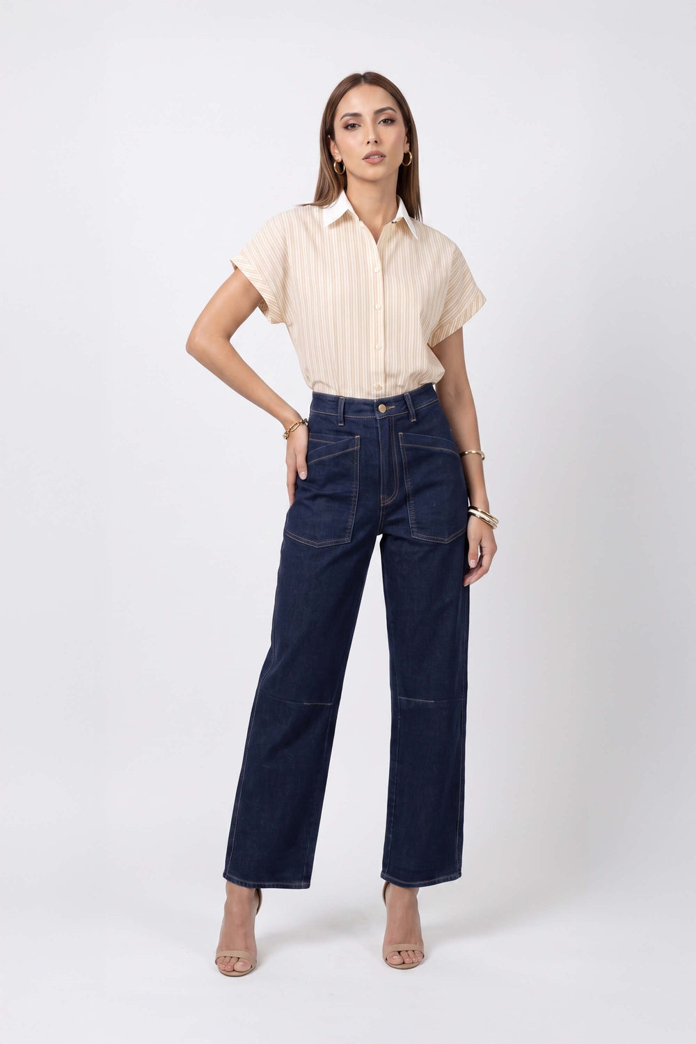 Nadia Striped Contrast Collar Camisa 752955 BEI - Reina Diaz