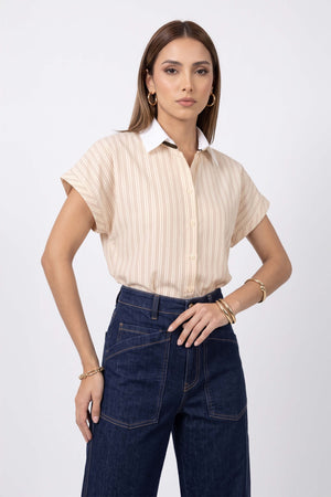 Nadia Striped Contrast Collar Camisa 752955 BEI - Reina Diaz