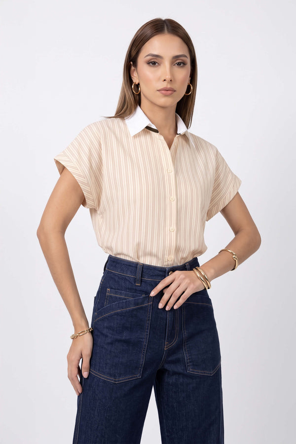 Nadia Striped Contrast Collar Camisa 752955 BEI - Reina Diaz