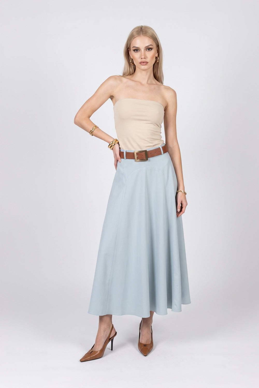 Nora Belted A-Line Light-Blue Midi Falda 740995 AZU - Reina Diaz