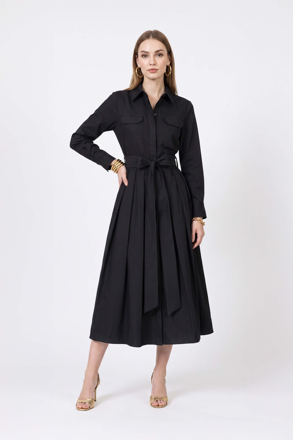 Nora Belted Pleated Shirt Midi Vestido 526271 NEG - Reina Diaz