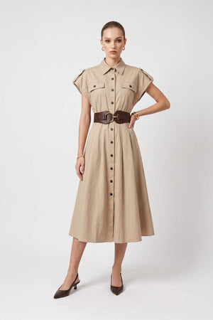 Olimpia Epaulette Belted Shirt Midi Vestido 723171 BEI - Reina Diaz