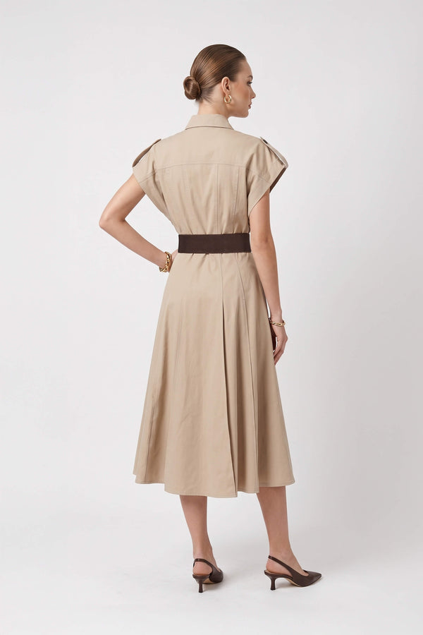 Olimpia Epaulette Belted Shirt Midi Vestido 723171 BEI - Reina Diaz