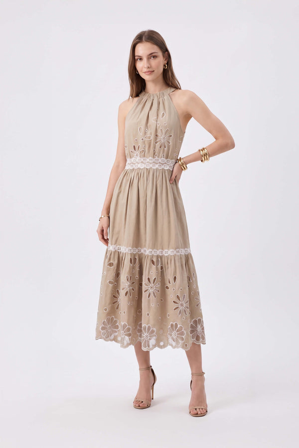 Olimpia Halter Embroidered Midi Vestido 526201 KAK - Reina Diaz