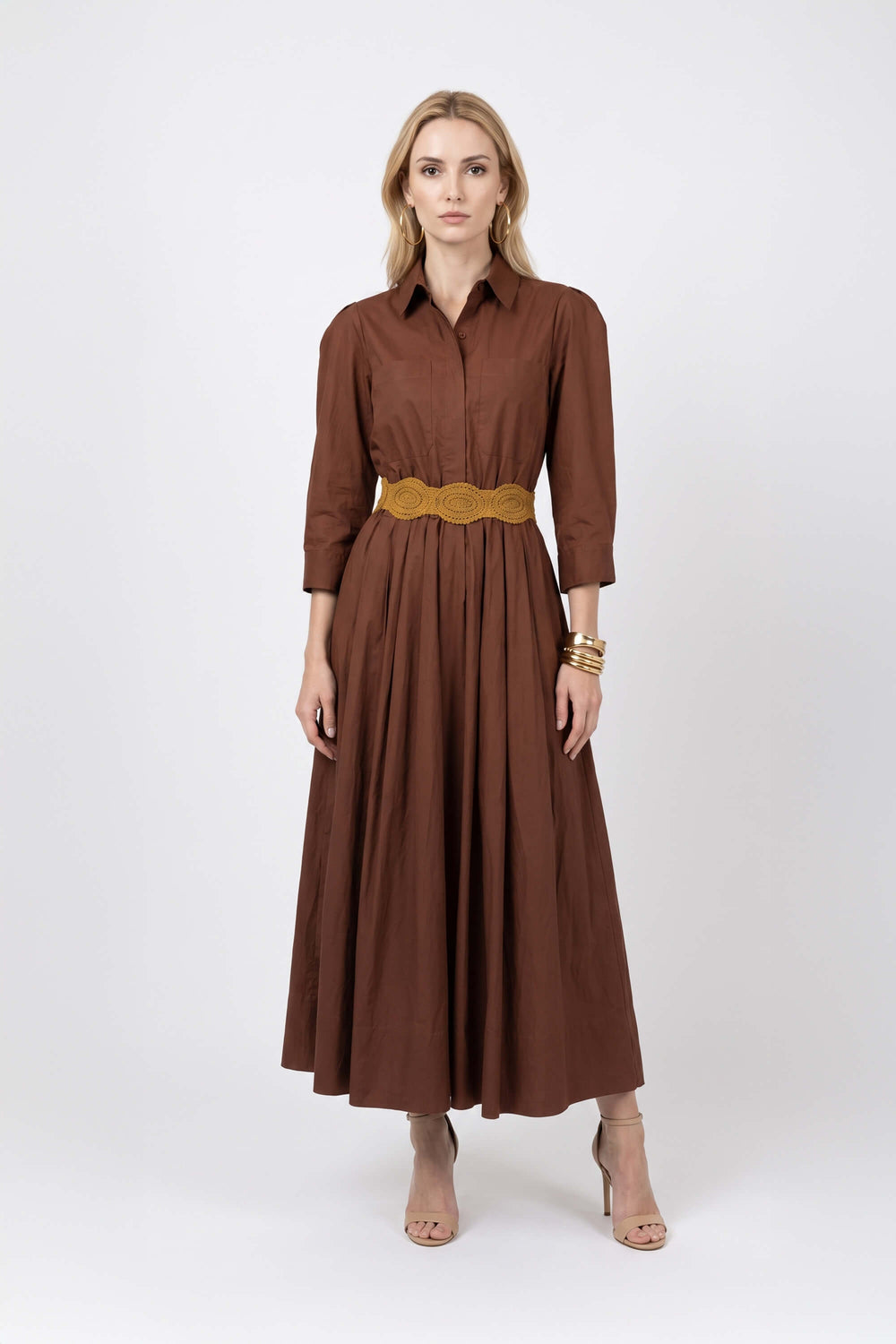 Olivia Belted Striped Shirt Maxi Vestido 723127 CAF - Reina Diaz