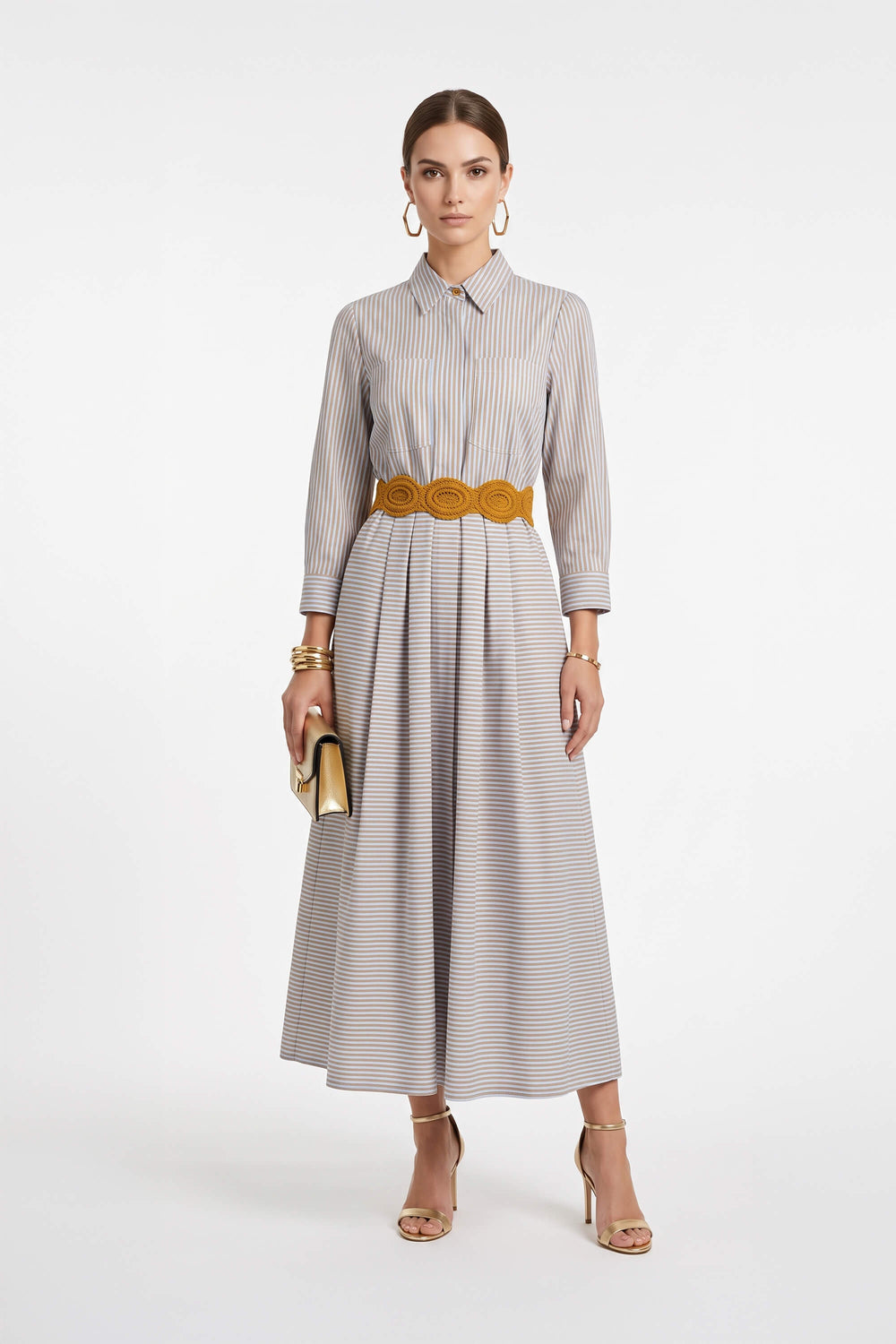 Olivia Belted Striped Shirt Maxi Vestido 723127 PER - Reina Diaz
