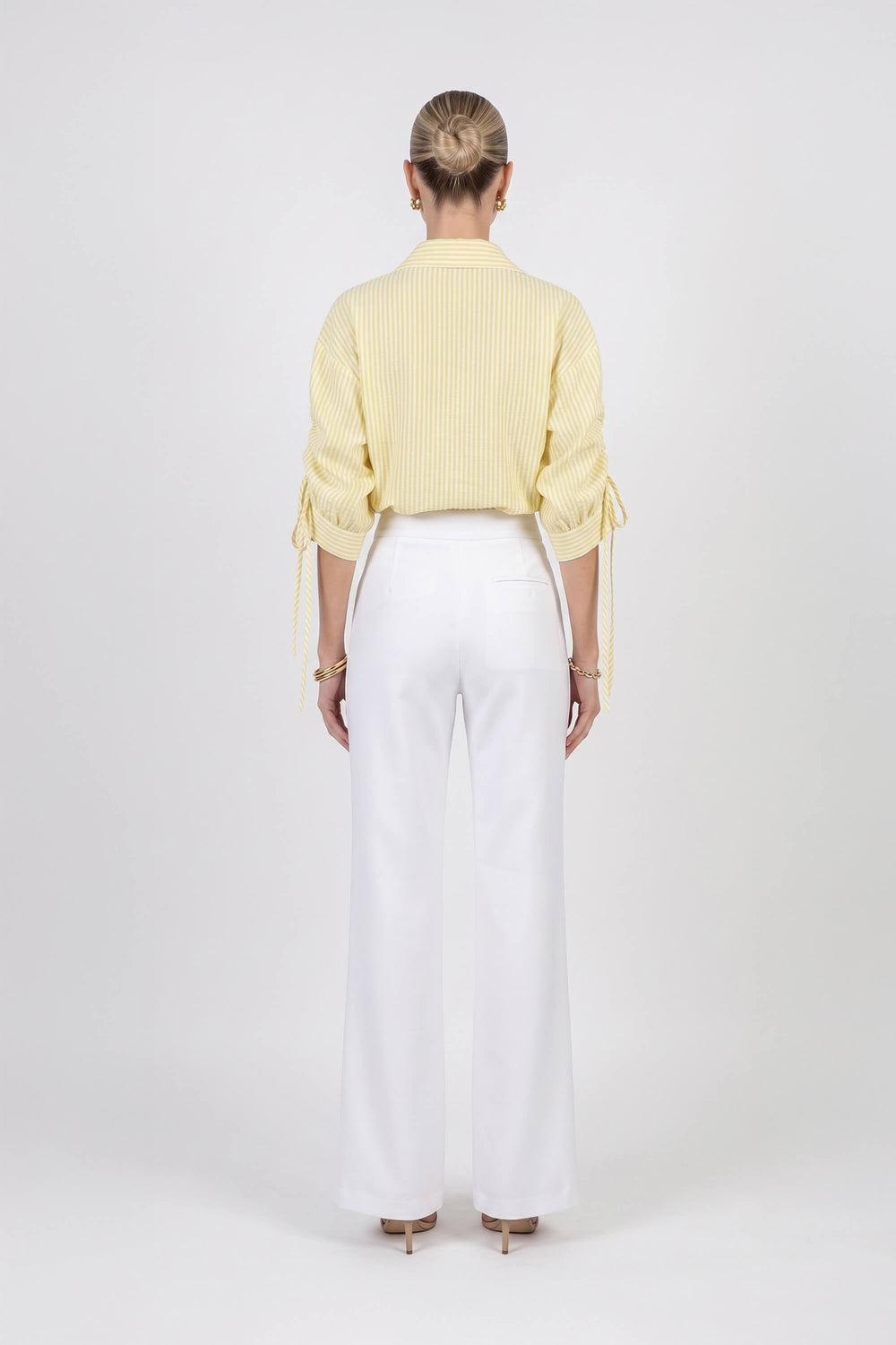Olivia Ruched Sleeve Striped Camisa 752971 AMA - Reina Diaz